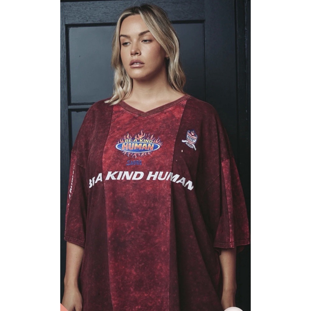 NWT Sabbi Flames Be Kind Human Washed Burgundy Small/S Oversized 100% Cotton